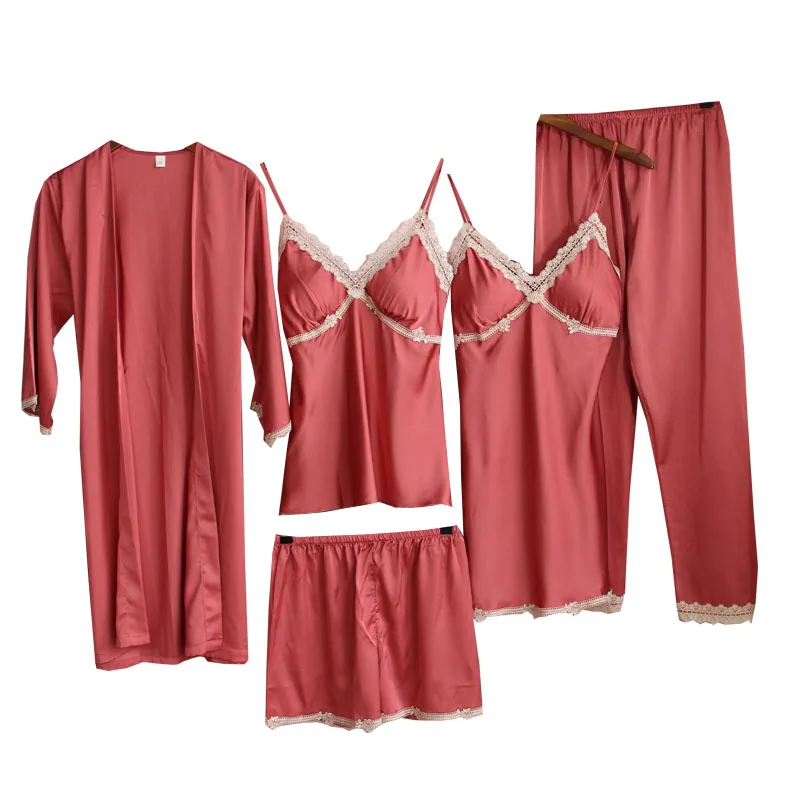 

5PCS Robe Women Pajamas Suit Nighty&Satin Kimono Bathrobe Gown Nightdress Loose Lace Trim Sleep Set Nightwear Sexy Nightgown