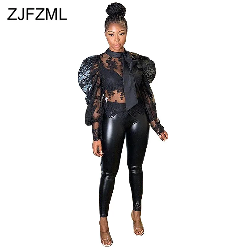 Женская прозрачная Сетчатая футболка Элегантная с длинным рукавом фонариком и