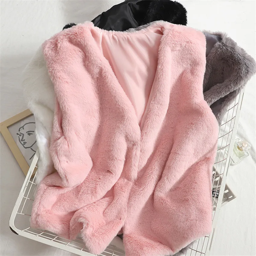 

Winter Warm Faux Fur Vest Women Open Stitch Solid Waistcoat Sleeveless Fashion Outwear Korean Fashion Coat