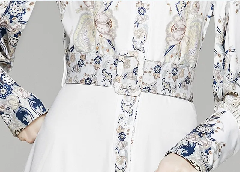 

autumn winter Vintage Flower Pattern Printed Maxi Dress Women long Sleeve Single-Breasted Sashes Long Dress
