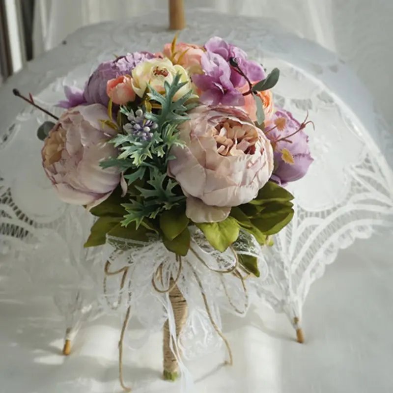 Realistic Artificial Peony Wedding Bouquets Handmade Tea Rose Fake Berry Romantic Bride Bridesmaid Holding Flower Party Decor |