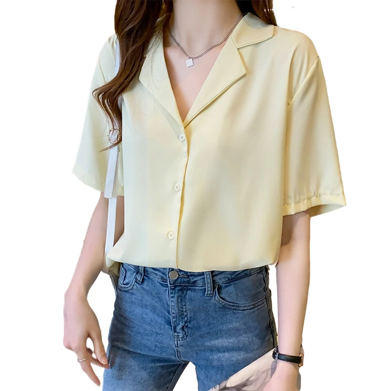 

Summer Satin Women Shirts Short Sleeve Loose Women Button Up Shirt White Ladies Tops
