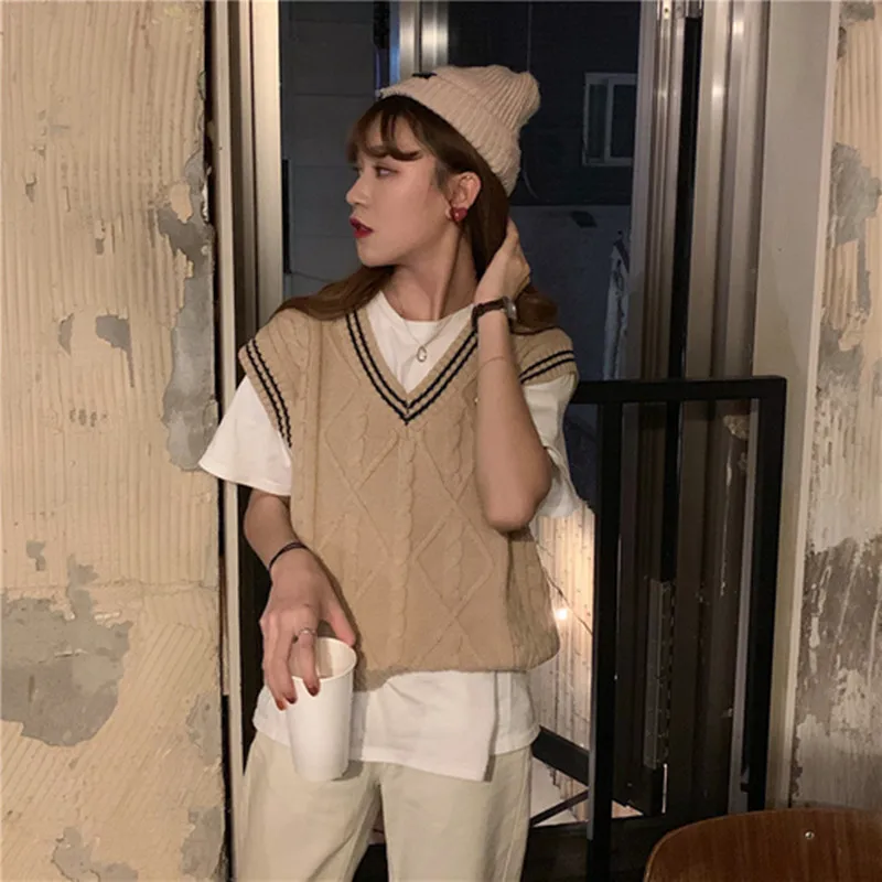 

2 Colors 2021 Korean Preppy Style V-neck Color Patchwork V Neck Vest Sweaters Womens Knitted Sweaters
