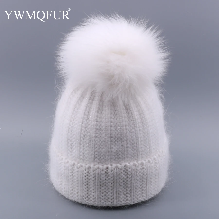 Зимняя вязаная женская шапка Skullies винтажная яркая шелковая с кроличьим мехом