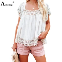 short sleeve casual beach shirt clothing plus size women fashion square collar blouse 2022 summer new sexy lace top pullovers
