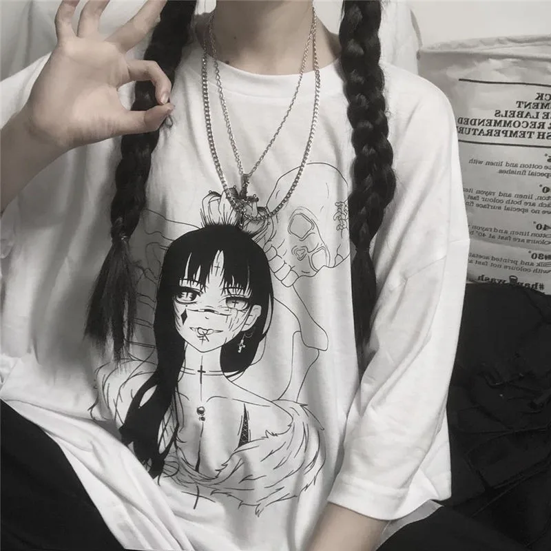 

Harajuku Streetwear Japan White Black Summer t shirt Females Tshirt Students Streetwear Women Fashion Oversized T Shirts