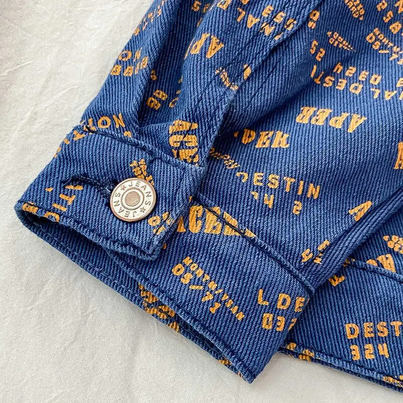 

Vintage Lettering denim jackets women casual loose oversize lapel coats Harajuku large size jacket button streetwear outwear