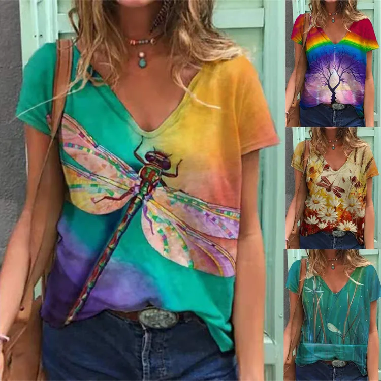 

Trendy Tops 2021 Summer New Style Hot Sale Creative Fashion Pattern Loose Short Sleeve V-Neck Loose Printed Ladies T-shirt