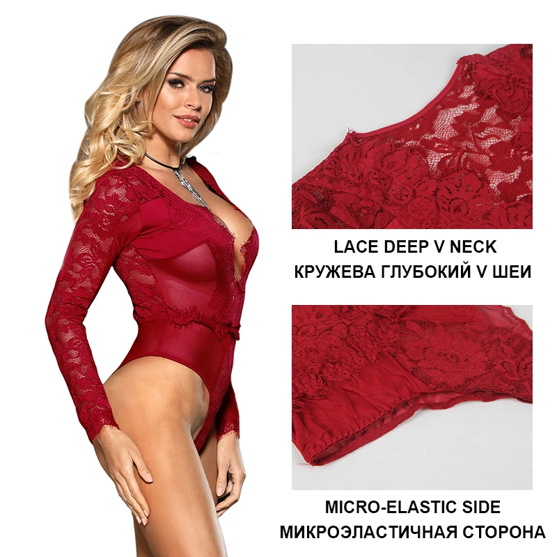 Боди дамское с v-образным вырезом боди Dentelle Femme черный красный длинный рукав сетка размера плюс прозрачный сексуальный боди Женский комбинезон RS80588