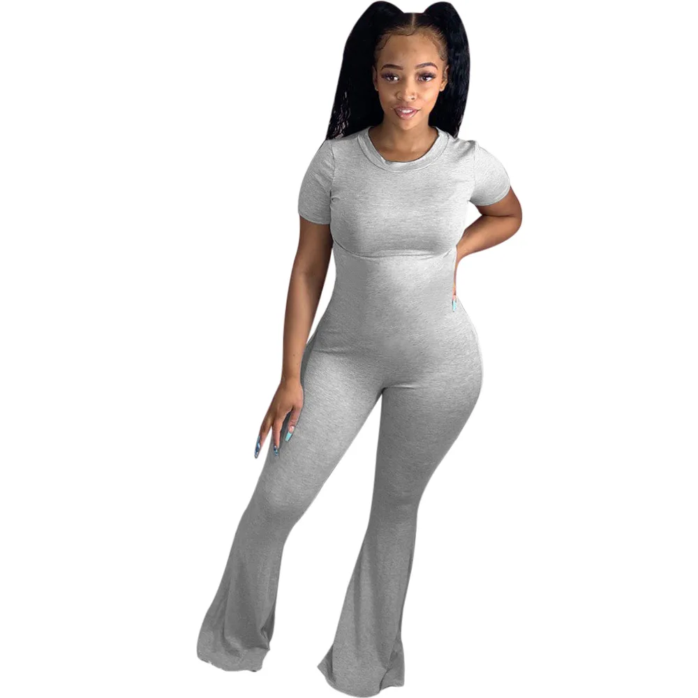 

Adogirl Solid Casual Jumpsuit Fashion O Neck Short Sleeve Tees Flare Long Pants Romper One Piece Women jogging Tracksuit Outfits
