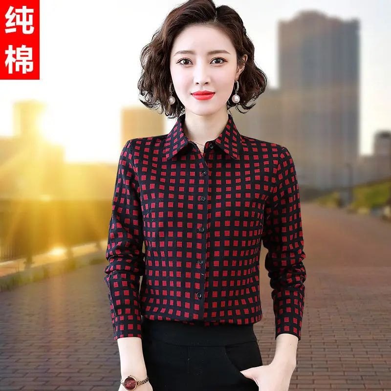 

100% cotton shirt women's long-sleeved spring and autumn 2021 new plaid shirt women's all-match slim top