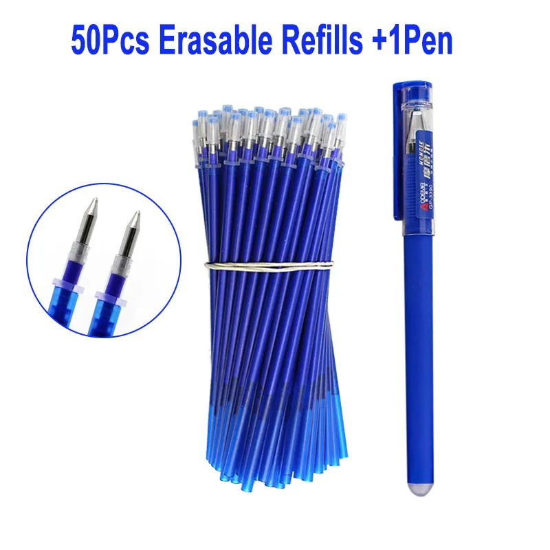 

51Pcs/Set Erasable Gel Pen Refill Rod 0.5mm Blue Black Ink Bullet Tip Penpoint Washable Handle Office School Writing Stationery