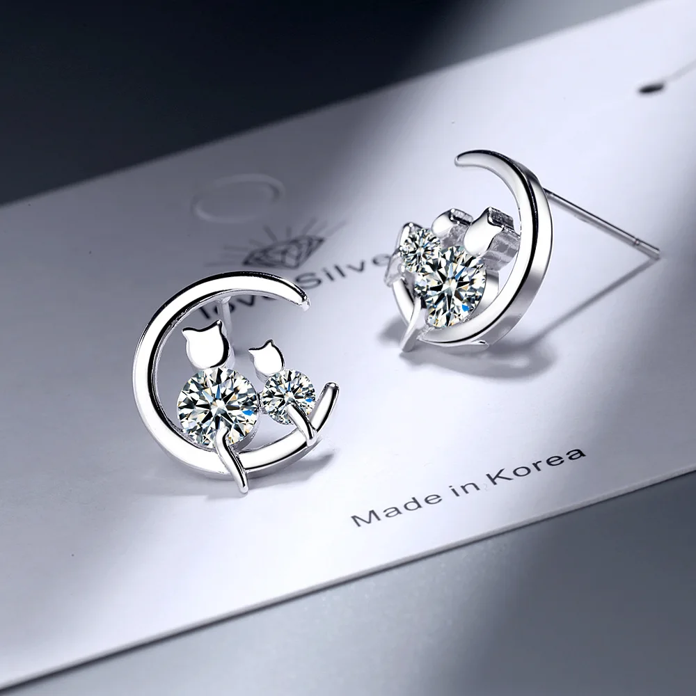 

925 Sterling Silver Cute Cat Moon Zircon Stud Earrings For Women Girls Jewelry Gift aretes de mujer brincos