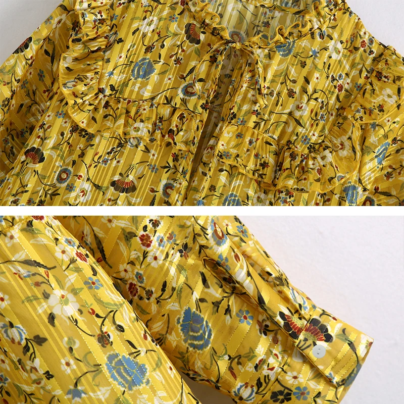 

2020 New Autumn Floral Print Dress Women Yellow Casual Long Sleeve Ruffles Maxi Long Dressed Party Beach style Chic INKEO 9D297
