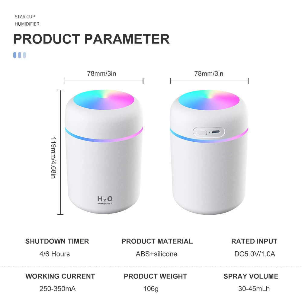 

Portable 300ml Humidifier USB Ultrasonic Dazzle Cup Aroma Diffuser Cool Mist Maker Air Humidifier Purifier with Romantic Light