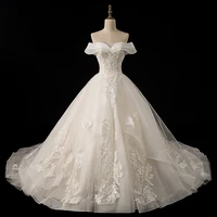 vestido de noiva 2021 new wedding dress elegant boat neck sweep train lace up ball gown off the shoulder plus robe de mariee