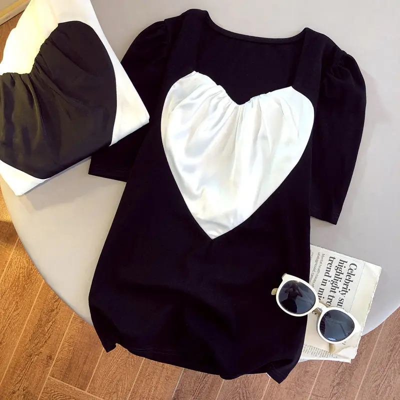 

Cotton Sweet Heart Women T-Shirts Summer New 2021 Square Collar Sweet Style Female Pulls Outwear Tops Tees