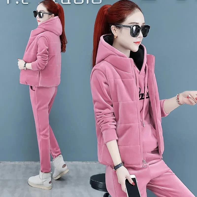 

Winter Warm Velvet Tracksuit Women Korean Sweatpant And Hoodie Set Casual Vest 3 Piece Suit Loungewear Big Size Velour Sweatsuit