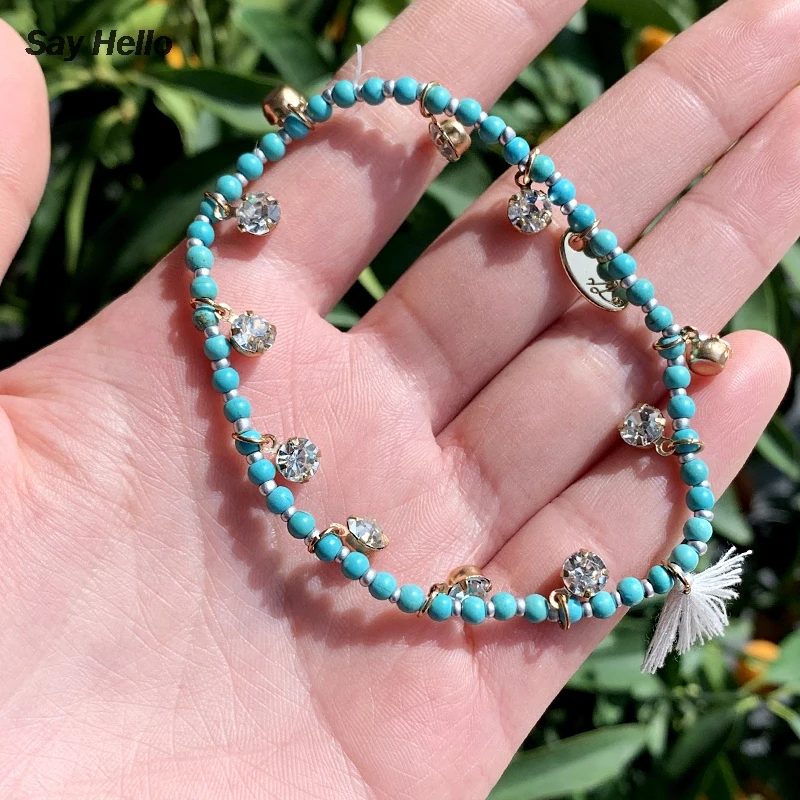 SAY HELLO модный бирюзовый цветной цепочка длинный Браслет инкрустированный