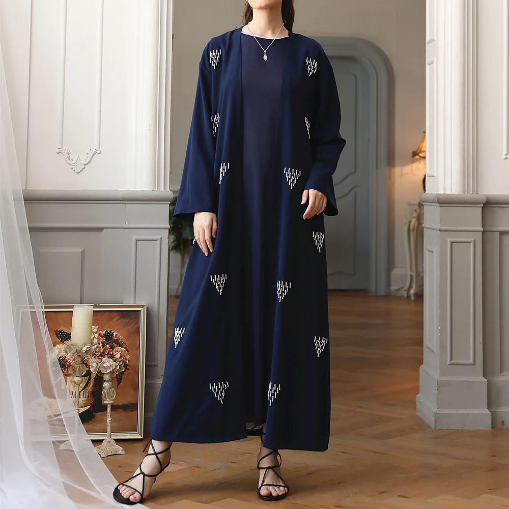 

Europe America Dress Muslim Spring Autumn Fashion Temperament Handmade Beading Blue Belt Round Neck Flared Sleeves