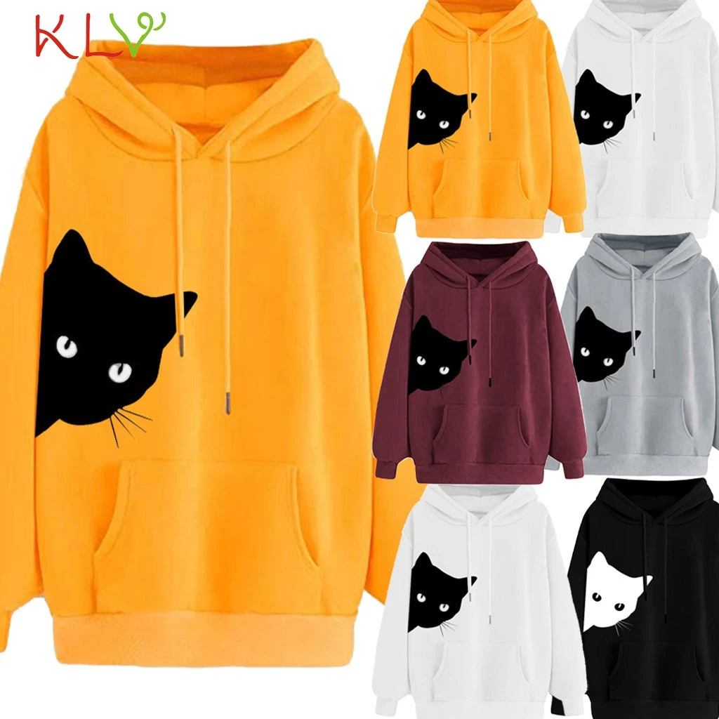 Женская толстовка с капюшоном принтом кота пуловер Kawaii moletom 2019 зима осень Kpop