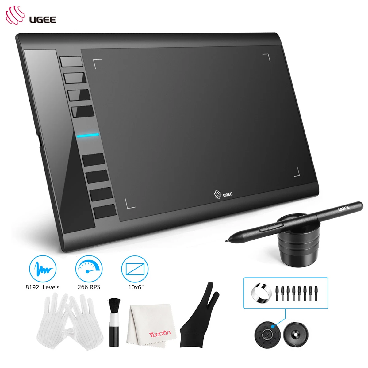 UGEE M708 Digital Graphics Drawing Tablet 8192 Levels Pressure 10 X 6 Inch Battery-Free Pen Stylus 8 Hotkeys for Mac / Windows