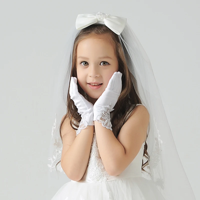 Retail High Quality elengent Flower Girl dress gloves Satin Silk Gloves White Short M/L Size 4-14Yrs free shipping | Детская одежда и
