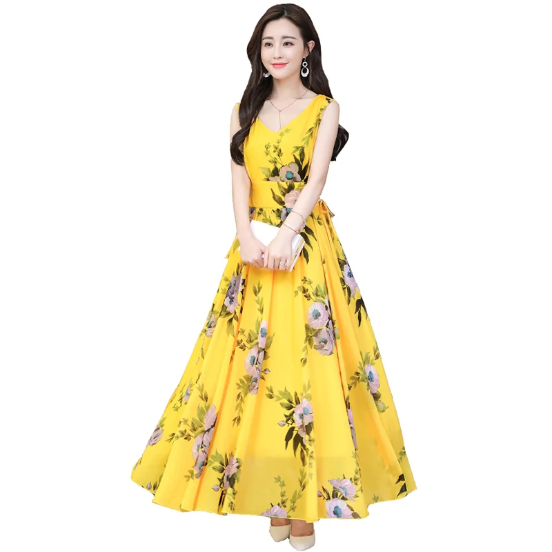 

Summer Plus Size Chiffon Dress Women's Bohemian Print Slim High Waist zipper V-Neck Big Flower Vest long Dresses