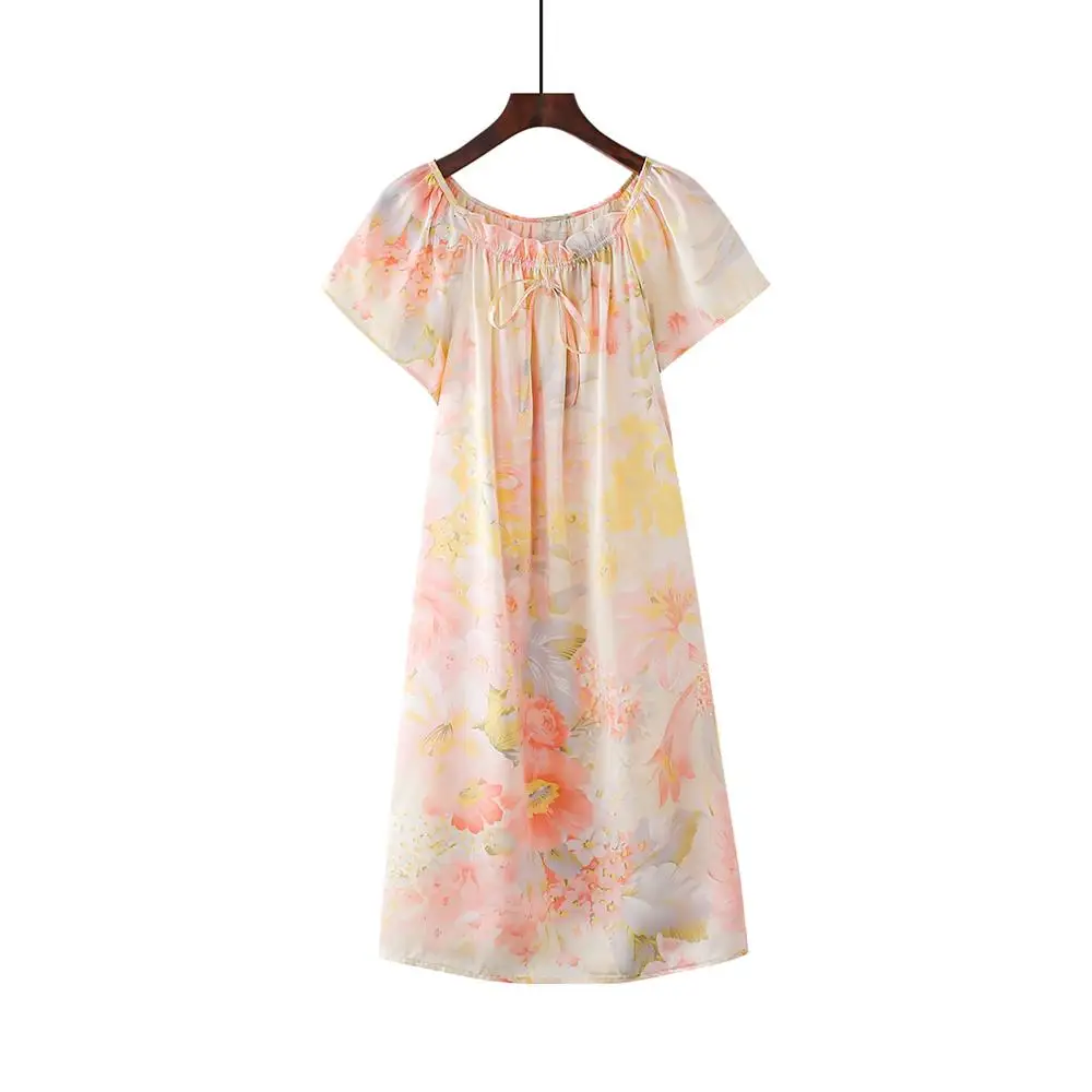 Free shipping 100% Mulberry Floral Silk Nightgown Basic Nightwear Soft Sleepwear for Skin Care Fashion Summer Dress Multicolor