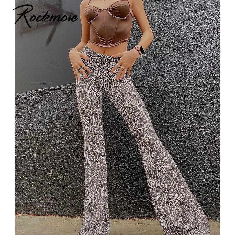 

Rockmore Brown Vintage Flare Pants Wave Print Women's Wide leg Pants Y2K Streetwear Baggy Cargo Trousers Korean Casual Harajuku