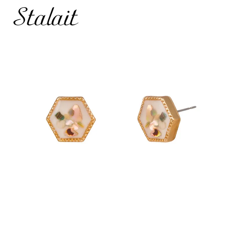 Минималистичные шестиугольные серьги-гвоздики золотого цвета с морской