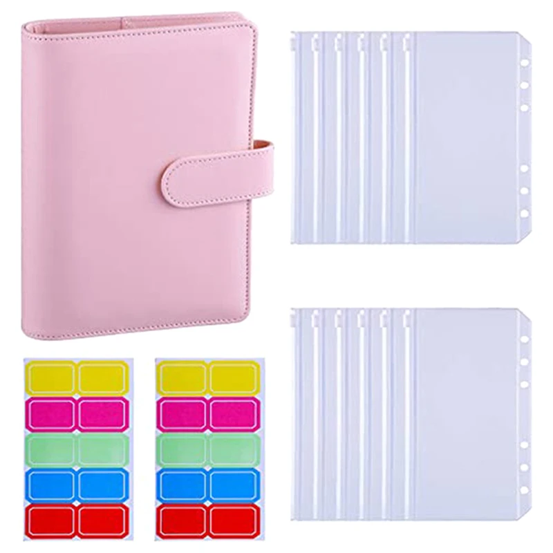 

A6 PU Leather Notebook Binder and 12 Transparent Cash Money Envelopes System Budget Planning Program Organizer 20 Labels