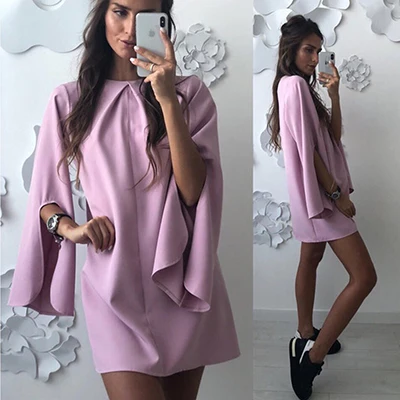 Purple Элегантные мини-платья Женские однотонные свободные манжеты летнее платье с разрезом от бедра дамское вечернее платье Винтаж o-образным вырезом Повседневное платье пляжные платья Новинка - Цвет: Purple