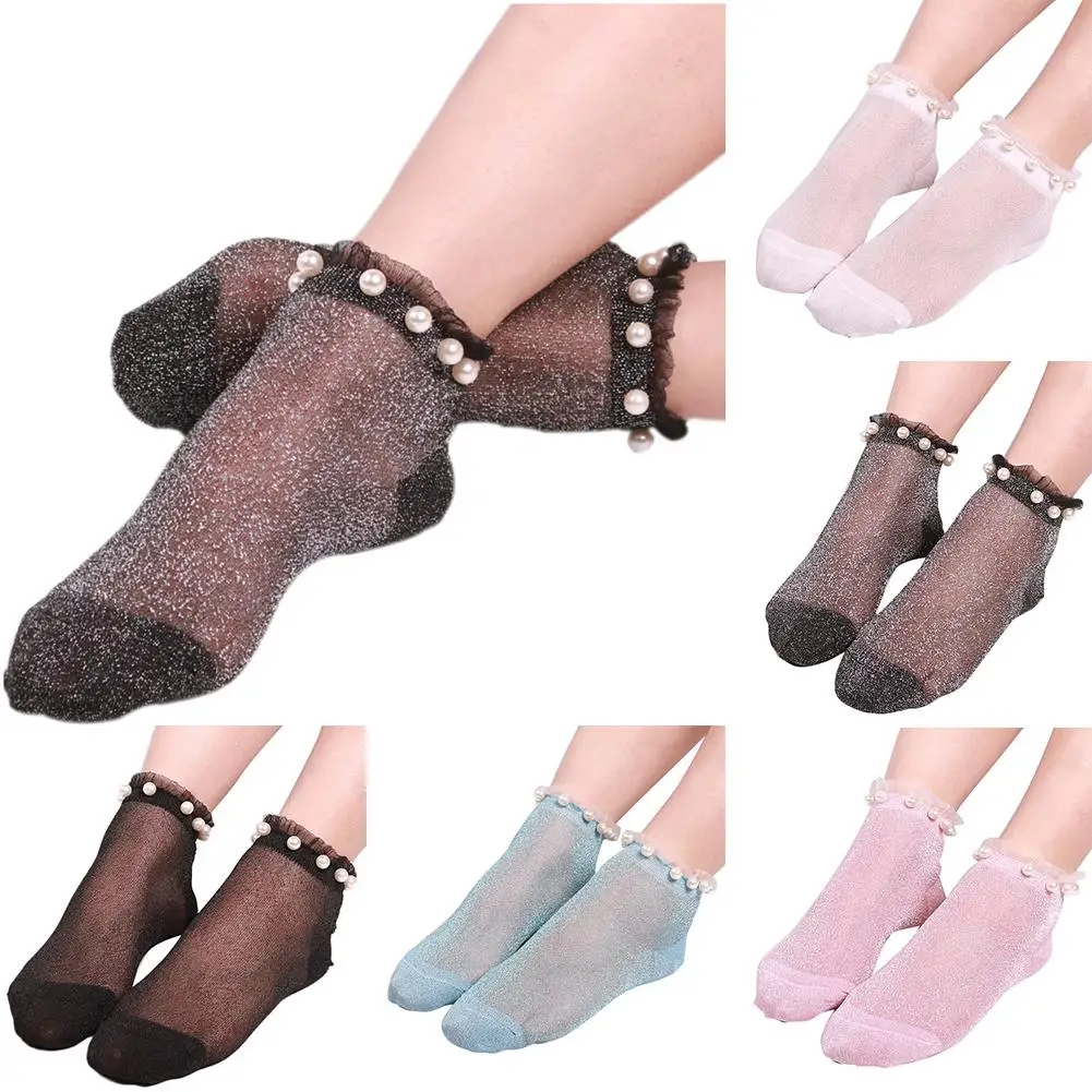 

Sexy Women Faux Pearl Glitter Transparent Low Cut Elastic Short Ankle Socks Soft Home Floor Warm Sock Clothing Accessory