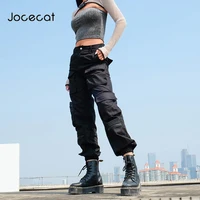jocecat black cargo pants women fashion 2020 pockets patchwork hippie trousers fake zipper woven high waist streetwear pants