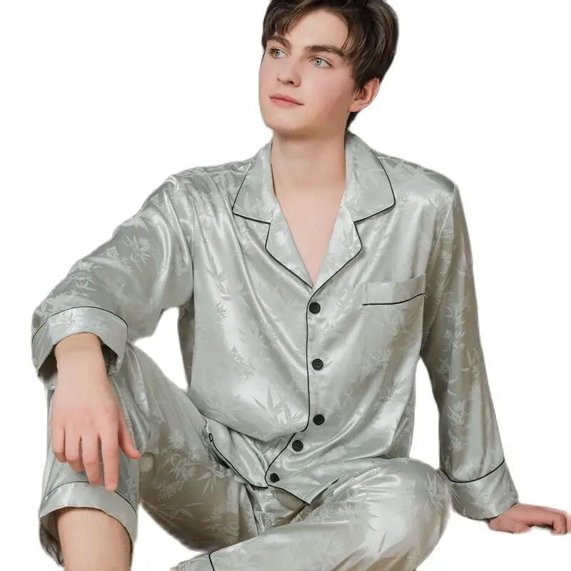 Silk Pajamas Men's Summer Long-Sleeved Trousers Mulberry Silk Casual Thin Section Youth Spring Autumn Ice Silk Home Service