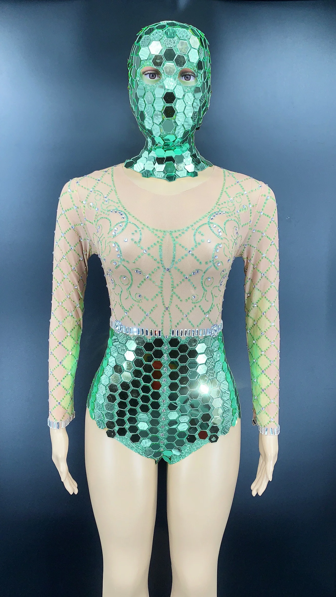 

High-end Custom-made Beautiful Shiny Polygon Lens Headgear Women Sexy Perspective Huge Stretchy Slim Fitted Rhinestone Bodysuit