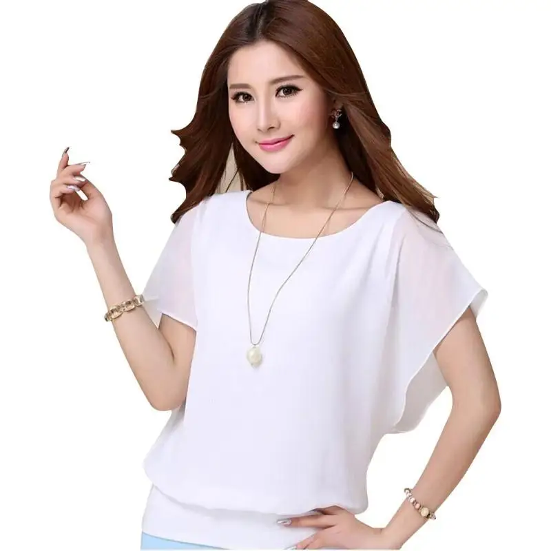 Шифоновые топы с круглым воротником размера плюс рукава летучей мыши