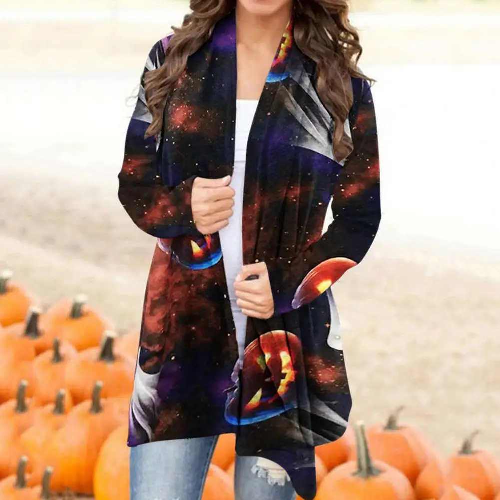 

Halloween Skull Pumpkin Print Long Sleeve Cardigans Long Sleeve Women Coat Autumn Winter Open Front Cardigan Coat Outerwear