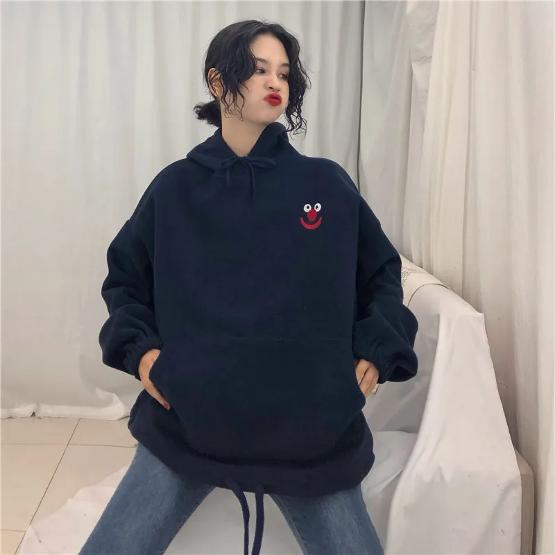 Dark blue Толстовки Mulheres Bolsos Bordado Dos Desenhos Animados Da Moda Бонито Feminino Solto BFplus Veludo Das Mulheres de Todos Os, Комплект постельного белья - Цвет: Dark blue