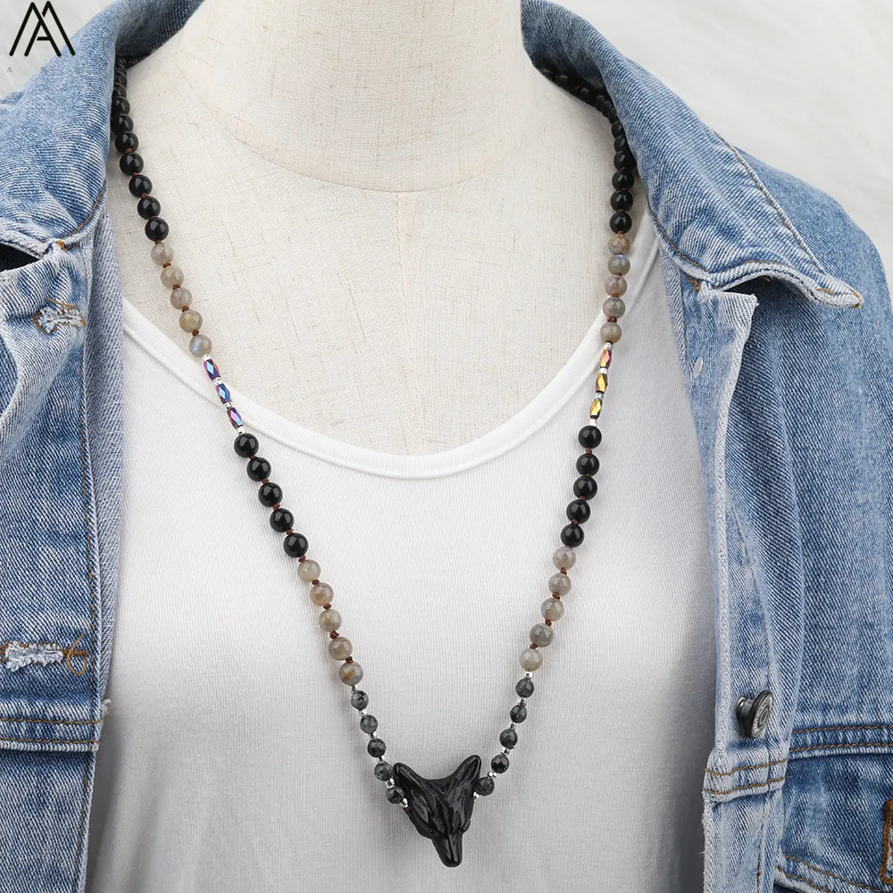 

Natural Black Agates Wolf Head Pendant 8mm Labradorite Black Agates Round Beads Knot Handmade Necklace 32 Inch Long N0510AMDC