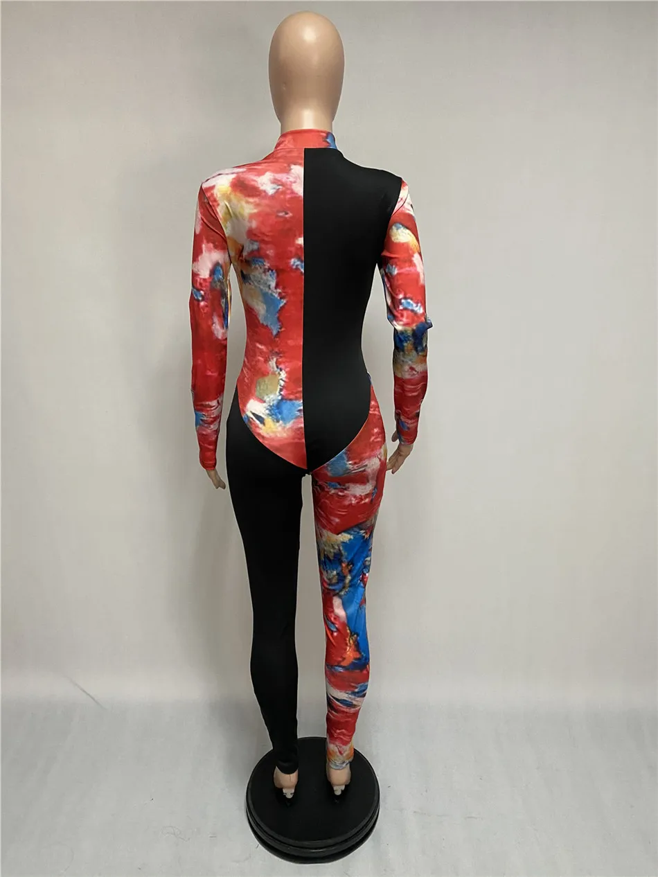 

Women Jumpsuit S-XXL Hot Sale Autumn Spring Sexy Full Sleeve Zipper Fly Skinny Print Jumpsuit Young Lady Sexy Club Jumpsuits