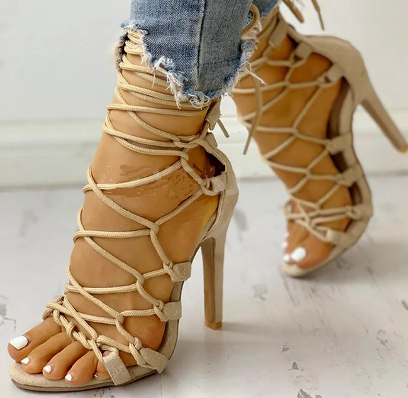 

Women Gladiator High Heels Woman Flock One-strap Sexy Sandals Pumps Party Shoes Sandalias Mujer Sapato Feminino