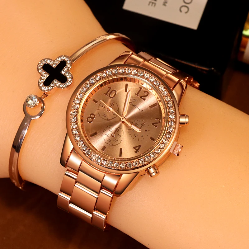 Geneva Brand Women's Watch Fashion Diamond Stainless Steel Luxury Ladies For Women Wristwatch relogio feminino reloj mujer | Наручные
