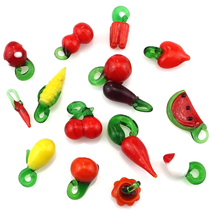 

20Pcs Cute Glass Assorted Vegetables Red Hot Chili Pepper Charms Fruit Strawberry Watermelon Pendant For Necklaces Women Jewelry