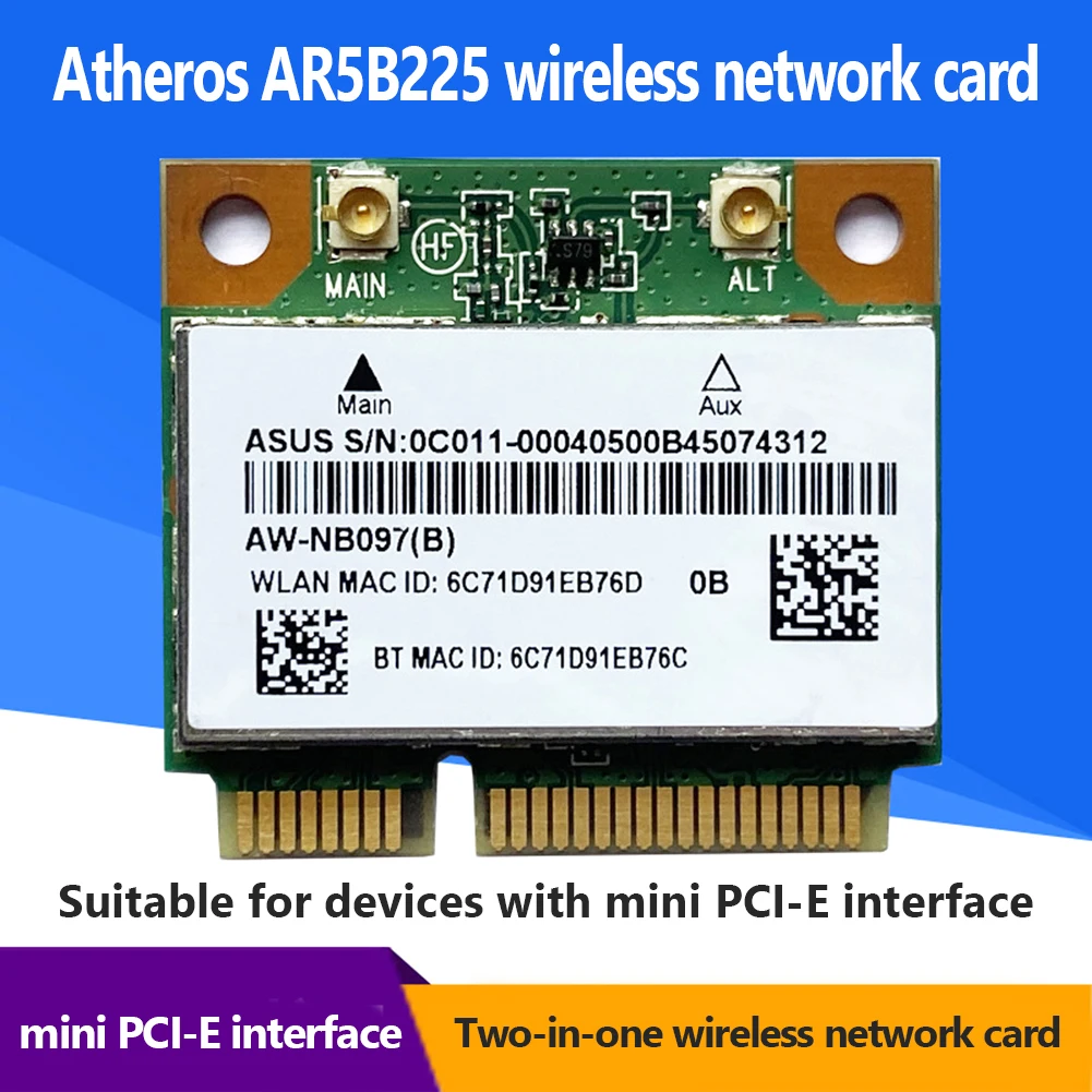

New Updated AR5B225 2 in 1 Desktop Computer Wireless Card Bluetooth-Compatible Network Card 2.4Ghz 300M Mini PCI-E WiFi Adapter