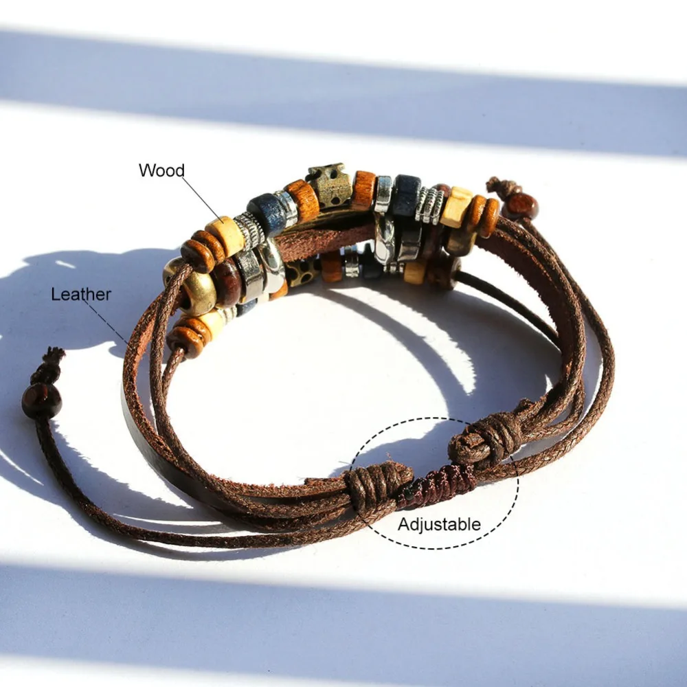 

Boho Stone Feather Multilayer Leather Bracelet Eye Charms Beads Bracelets For Men Vintage Punk Wrap Wristband Turkish Jewelry