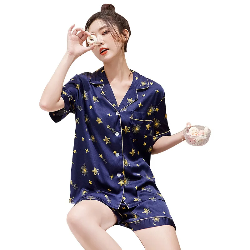 

Couples Sleepwear Pajamas Set Casual Silky Nightwear Novelty Print Star 2PCS Shirt&pant Pijamas Suit Silky Soft Satin Homewear