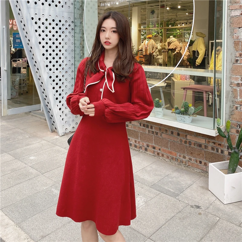 

Dresses for Women Party Knitted Dress Autumn and Winter New Lantern Sleeve Bow Tie Solid Color Knee-length Dress Red Black Beige