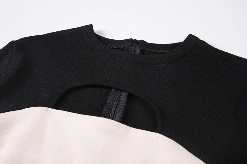 

SHENGPLLAE Color Contrast Knitted Dress Women's Spring 2021 New Round Neck Hollow Out Long Sleeve Fashion Split Mini Dresses